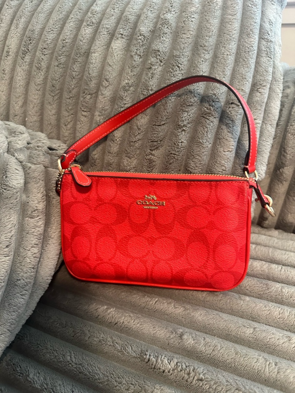 Coach Red Signature Canvas Shoulder Wristlet with Gold Hardware